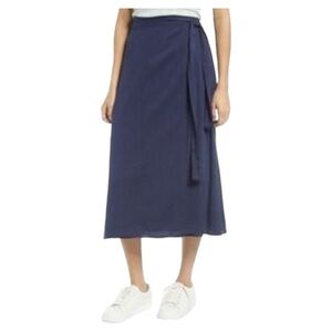 Nordstrom Caslon Faux Wrap Midi Skirt Navy Flare Stretch Waist Sz L